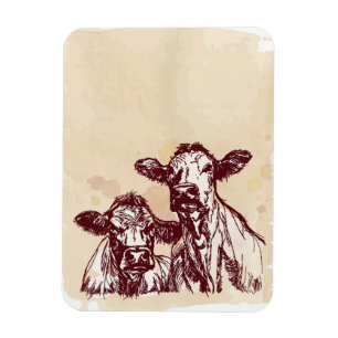 Two cows hand draw sketch & watercolor vintage magnet
