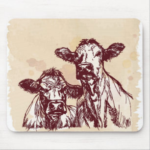Two cows hand draw sketch & watercolor vintage mouse pad