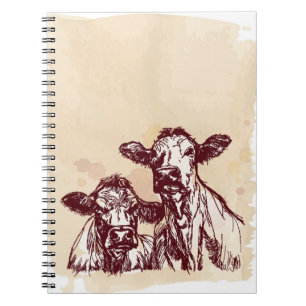 Two cows hand draw sketch & watercolor vintage notebook