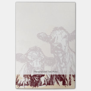 Two cows hand draw sketch & watercolor vintage post-it notes
