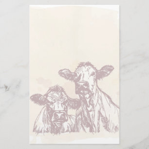 Two cows hand draw sketch & watercolor vintage stationery