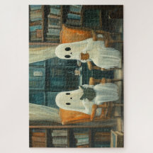 Two Cozy Ghosts Reading in a Library