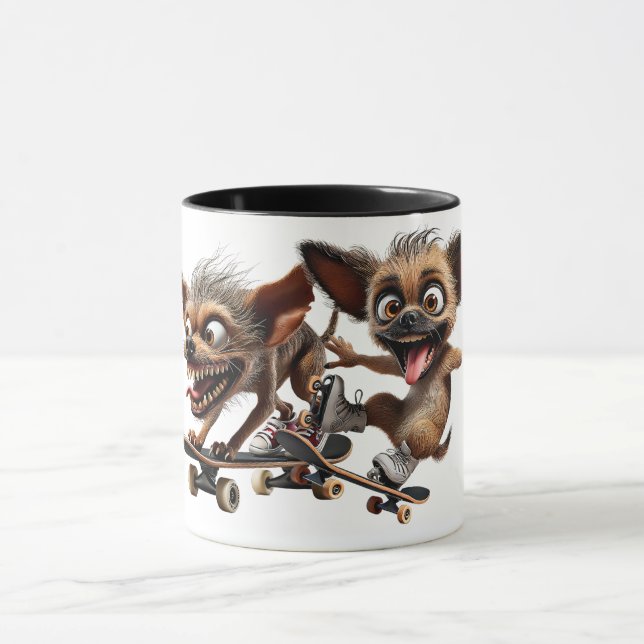 Two crazy dogs on skateboards run. mug (Center)