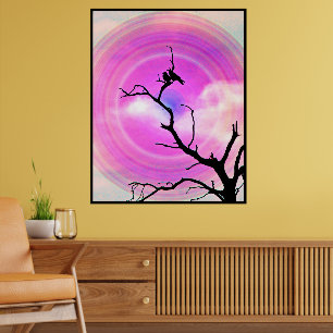 Two Crows Silhouette BW Photograph With Purple Sun Poster