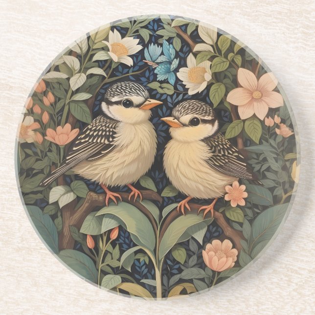Two Cute Baby Birds Botanical Garden Coaster (Front)