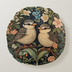 Two Cute Baby Birds Botanical Garden Round Pillow
