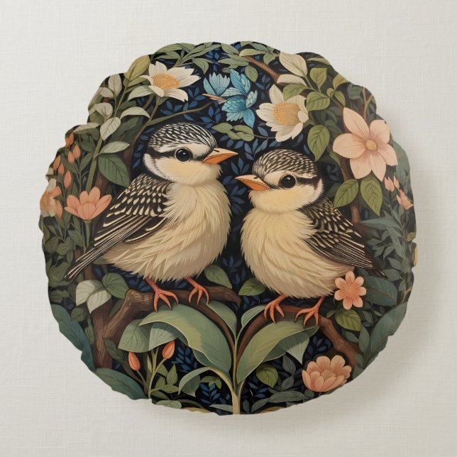 Two Cute Baby Birds Botanical Garden Round Pillow (Front)