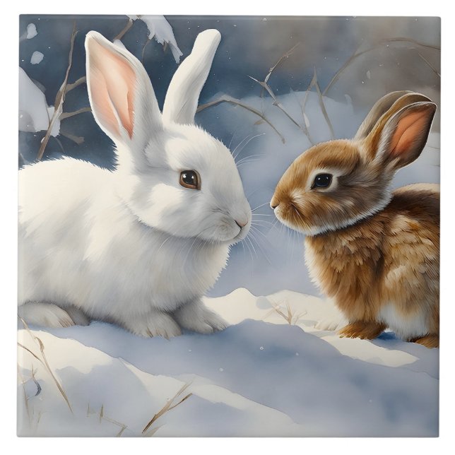 Two Cute Bunny Rabbits Brown and White in Snow  Tile (Front)