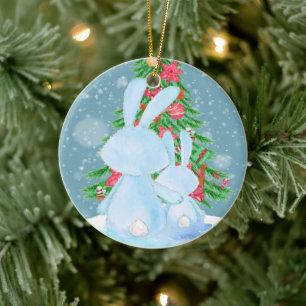 Two Cute Bunny Rabbits Christmas Tree in Snow Ceramic Ornament