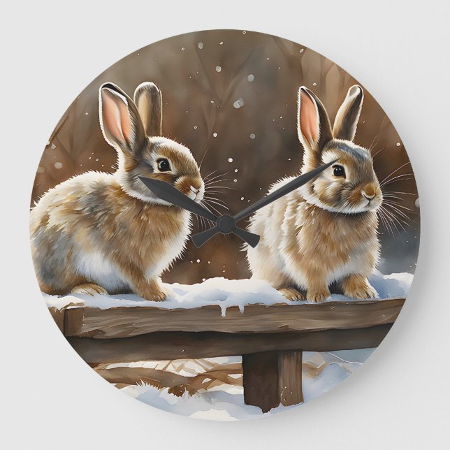 Two Cute Bunny Rabbits on a Bench in Snow Large Clock (Front)