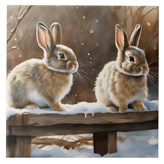 Two Cute Bunny Rabbits on a Bench in Snow Tile (Front)