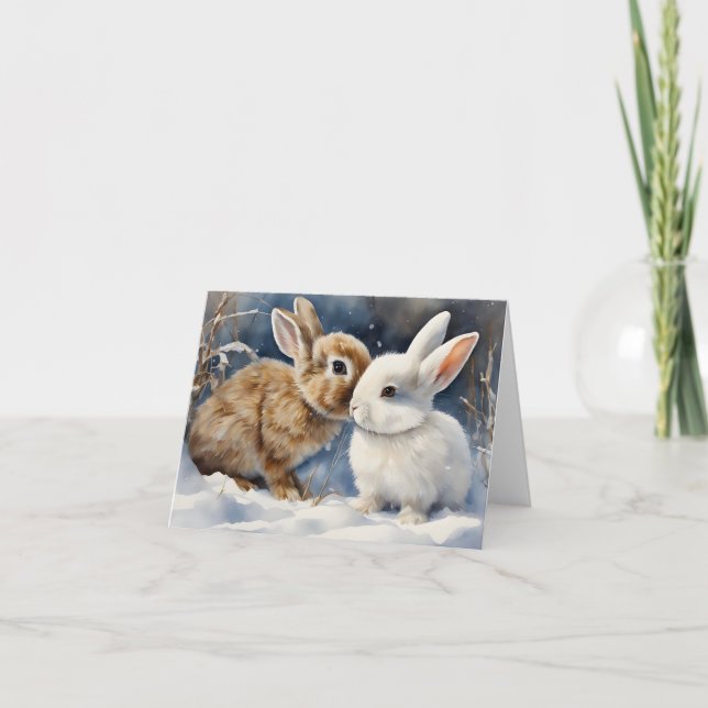 Two Cute Bunny Rabbits Snuggled in the Snow Blank Card (Front)