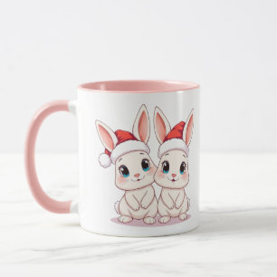 two cute bunny wearing santa hat mug