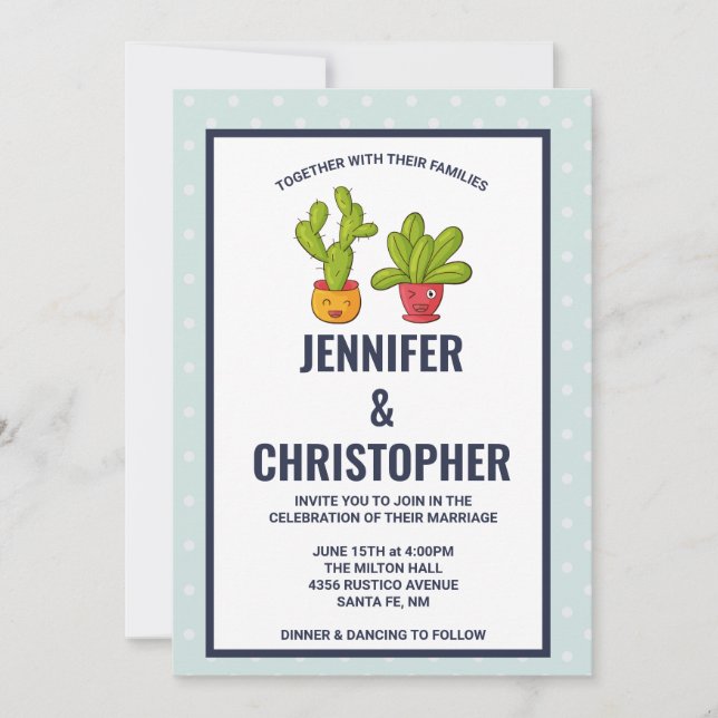 Two Cute Cactus Illustration Wedding Invitation (Front)