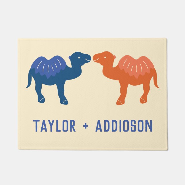 Two Cute Cartoon Camels Couples Personalized Doormat (Front)