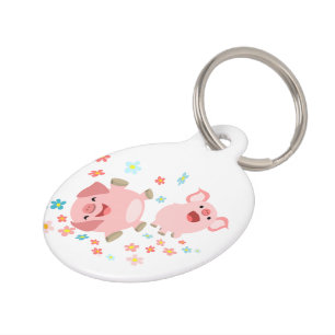 Two Cute Cartoon Pigs in Spring Dog Tag