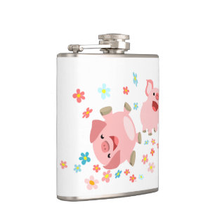 Two Cute Cartoon Pigs in Spring Hip Flask