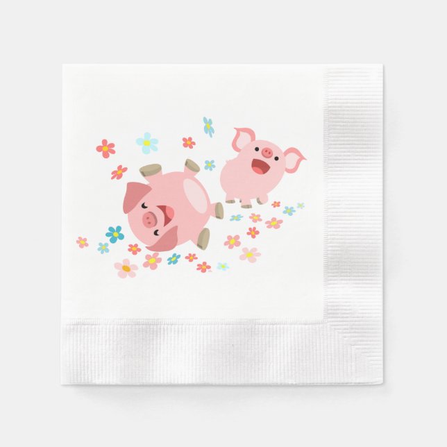Two Cute Cartoon Pigs in Spring Paper Napkins (Front)