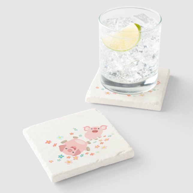 Two Cute Cartoon Pigs in Spring Stone Coaster (Side)