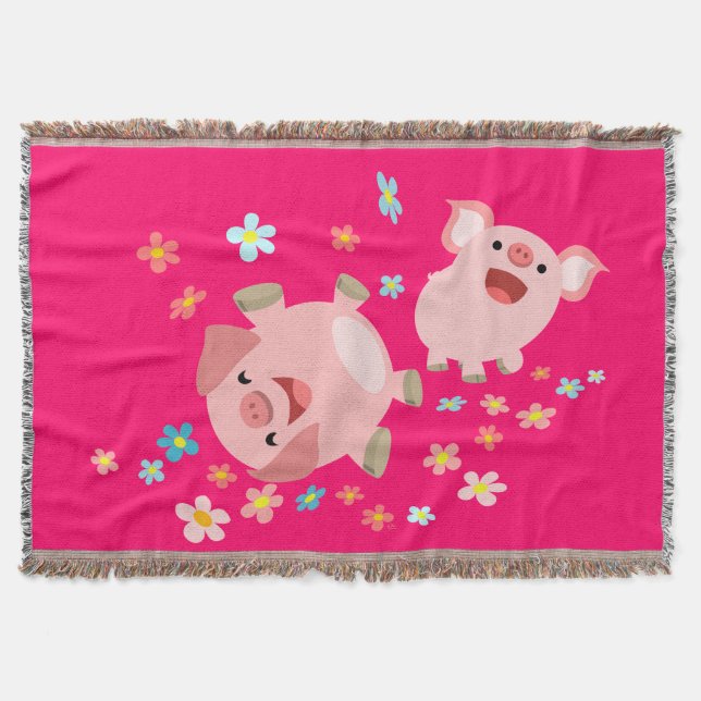 Two Cute Cartoon Pigs in Spring Throw Blanket (Front)