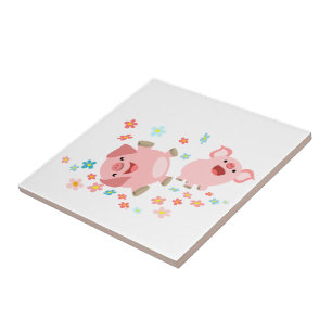 Two Cute Cartoon Pigs in Spring Tile
