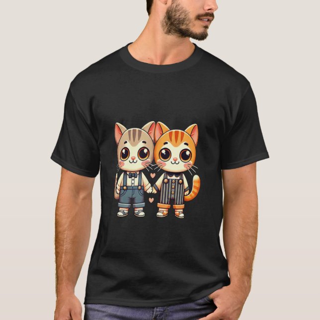 Two Cute Cat Friends Holding Hands T-Shirt (Front)