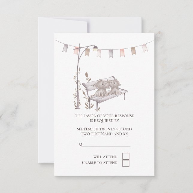 Two Cute Cats on Park Bench RSVP Wedding Card (Front)