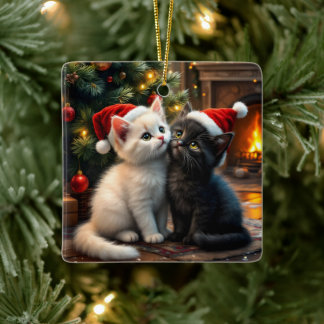 Two cute Christmas kitten with Santa hats Ceramic Ornament