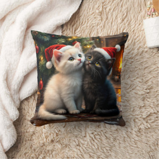 Two cute Christmas kitten with Santa hats Throw Pillow