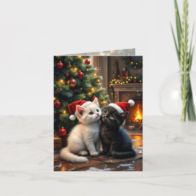 Two cute Christmas kittens with Santa hats Holiday Card (Front)