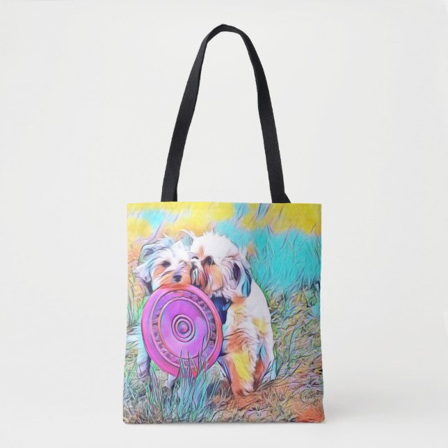 Two cute dogs playing frisbee tote bag (Front)
