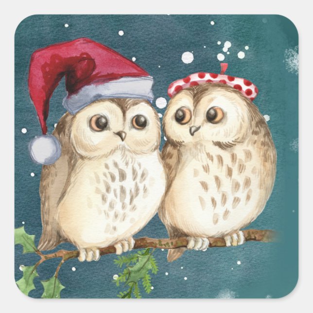 Two cute drawn Owls Square Sticker (Front)