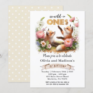 Two Cute Foxes Wild Ones Twins Birthday Invitation