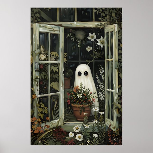 Two cute ghosts in flower woods print, romantic poster (Front)