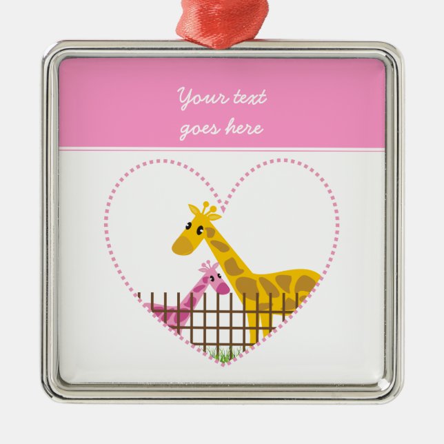 Two cute giraffes in a dotted heart Mother Child Metal Ornament (Front)