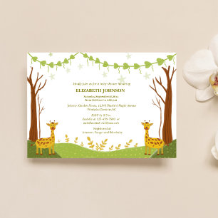 two cute giraffes in green woodland baby shower  invitation