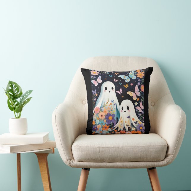 Two Cute Halloween Ghosts With Butterflies Floral Throw Pillow (Chair)