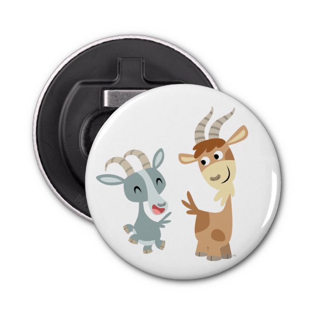 Two Cute Happy Cartoon Goats Button Bottle Opener (Front)