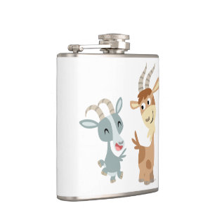 Two Cute Happy Cartoon Goats Hip Flask