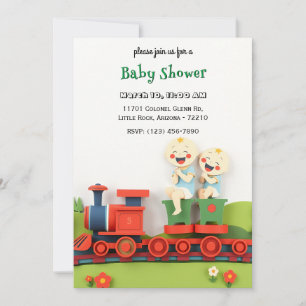 Two Cute Happy Kids on Train Baby Shower Card