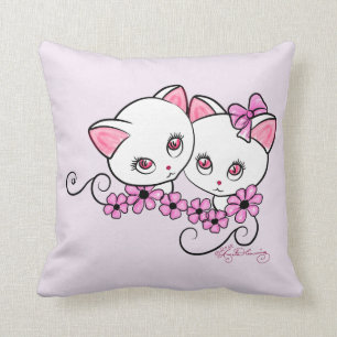 Two cute Kittens with Daisies Pink Throw Pillow