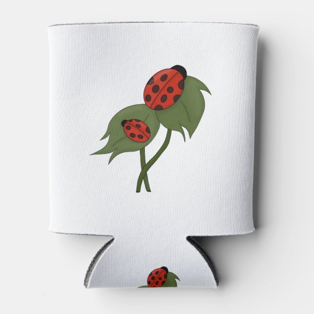 Two cute ladybugs on a plant can cooler (Front)