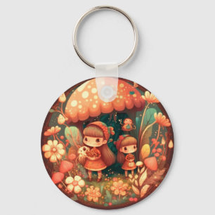 Two cute little elves under mushrooms keychain