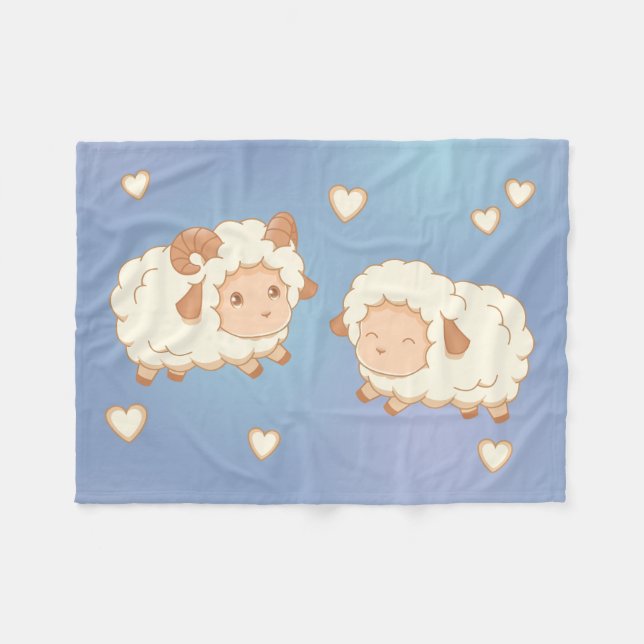 Two Cute Little Sheep on Blue Fleece Blanket (Front (Horizontal))