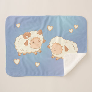 Two Cute Little Sheep on Blue Sherpa Blanket