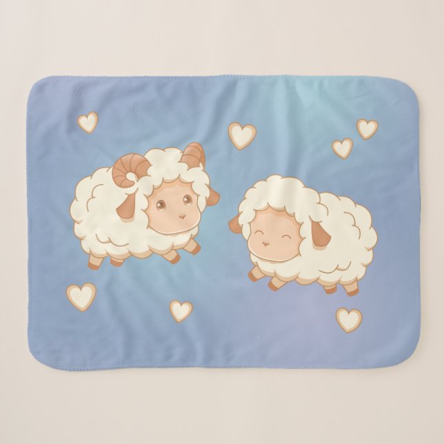Two Cute Little Sheep on Blue Sherpa Blanket (Front (Horizontal))