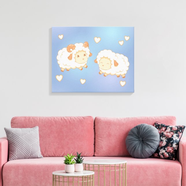 Two Cute Little Sheep Ram Ewe on Blue Canvas Print (Insitu(LivingRoom))