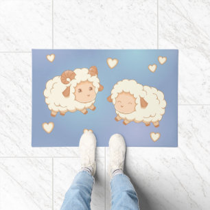Two Cute Little Sheep Ram Ewe on Blue Doormat