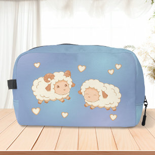 Two Cute Little Sheep Ram Ewe on Blue Dopp Kit