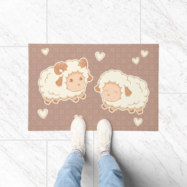 Two Cute Little Sheep Ram Ewe on Brown Doormat (Indoor)